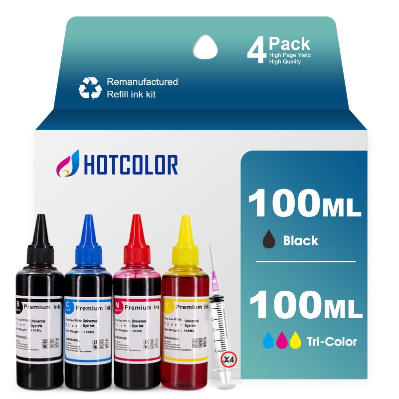 Hotcolor مجموعة حبر إعادة تعبئة HOTCOLOR 910 لخرطوشة حبر hp 910 لطابعة OfficeJet Pro 8035 8028 8025 8022 8020 4x100 مل زجاجة حبر إعادة تعبئة (1BK 1C 1M 1Y) - Image 1